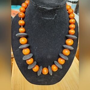 Vintage 80s Chunky Wood Orange Beads and Black Disc Necklace